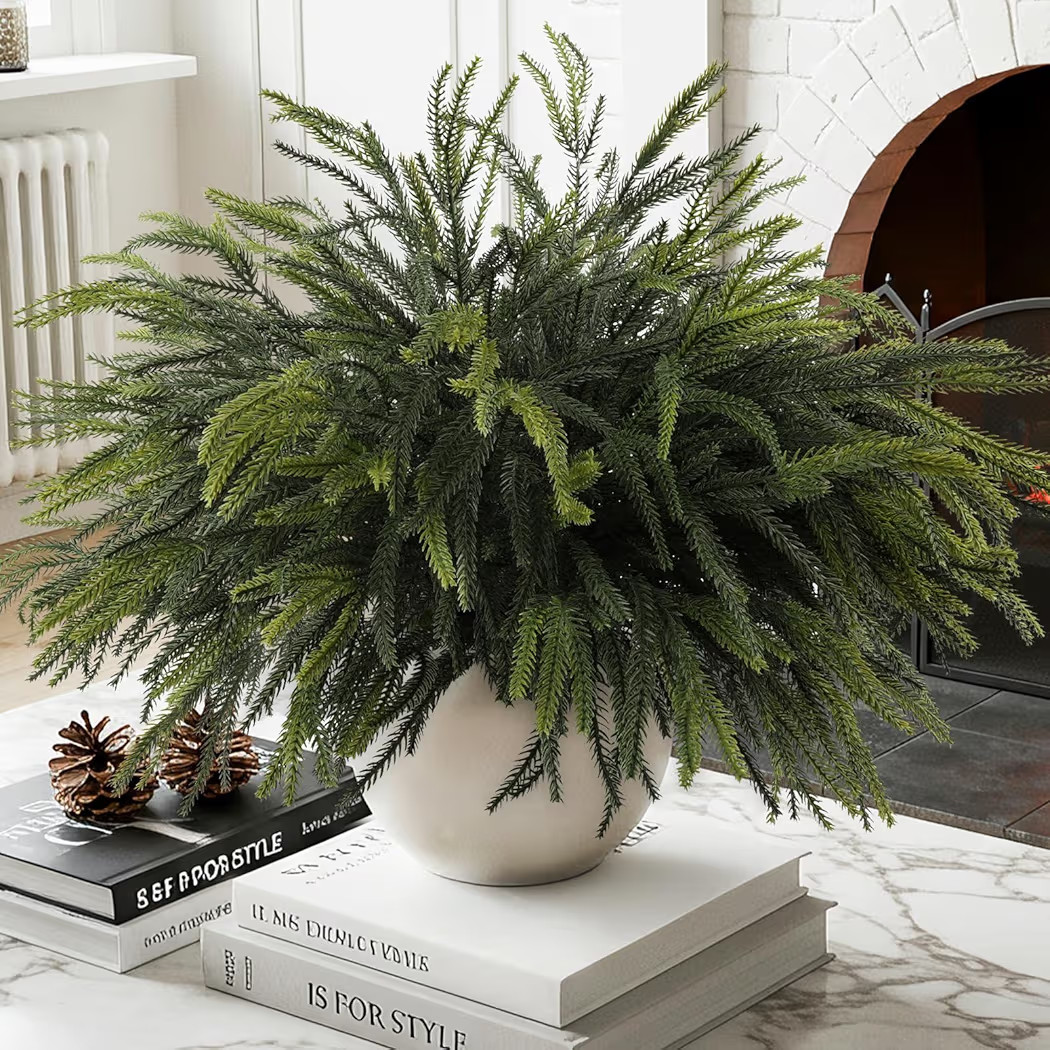 12Pcs Christmas Norfolk Pine Stems, 24'' Long Artificial Evergreen Norfolk Pine Branches, Real To... | Amazon (US)