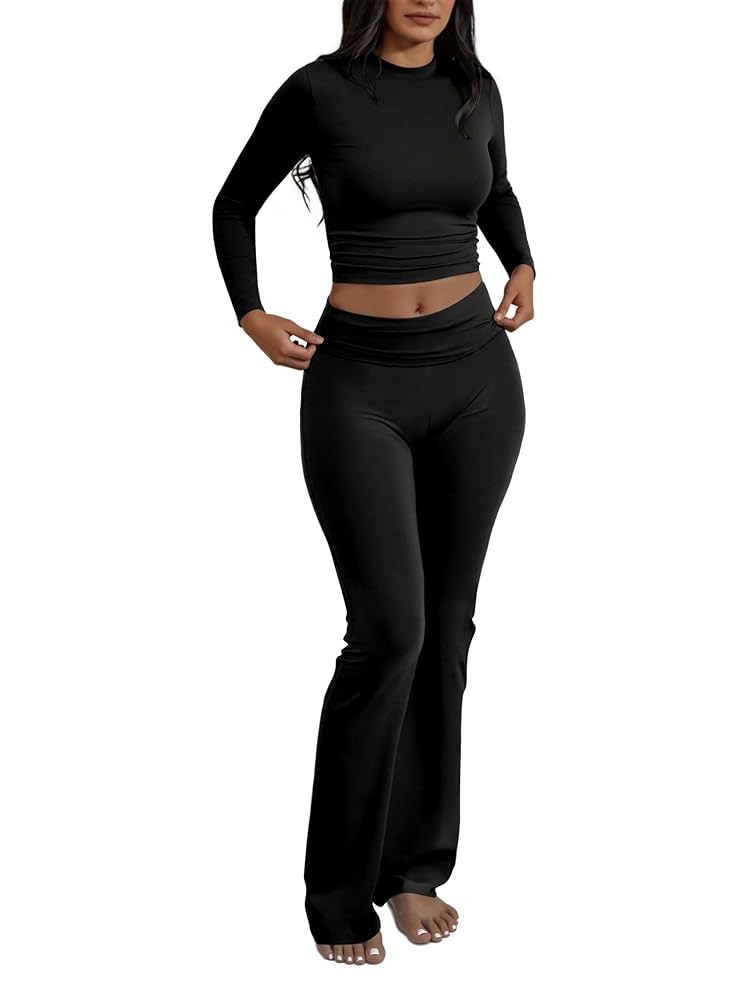 Two Piece Lounge Sets for Women Fold Over Flare Leggings Long Sleeve Crop Tops Matching Set Casua... | Amazon (US)