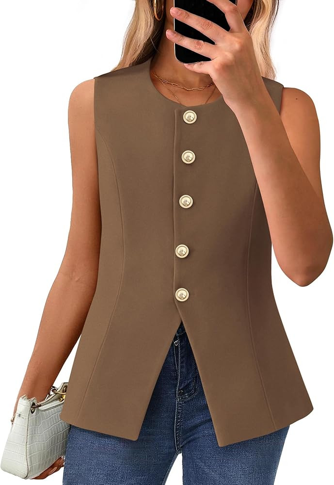 BTFBM Summer Sleeveless Blazer Vest For Women Dressy Button Down Round Neck Business Casual Outfi... | Amazon (US)