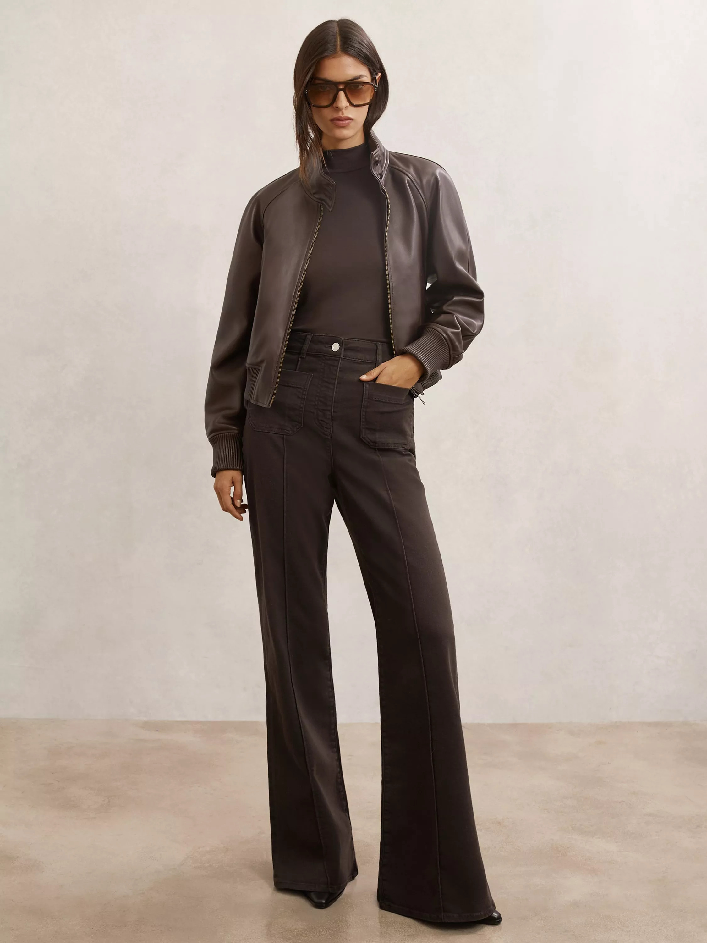 Reiss Sakura Patch Pocket Flared Jeans, Chocolate Brown | John Lewis (UK)