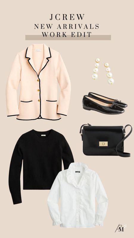 jcrew work essentials 

contrast trim blazer
cashmere sweater
ruffle trim button up 
black handbag 
ballet flats 
pearl earring 

#LTKworkwear #LTKstyletip #LTKFind