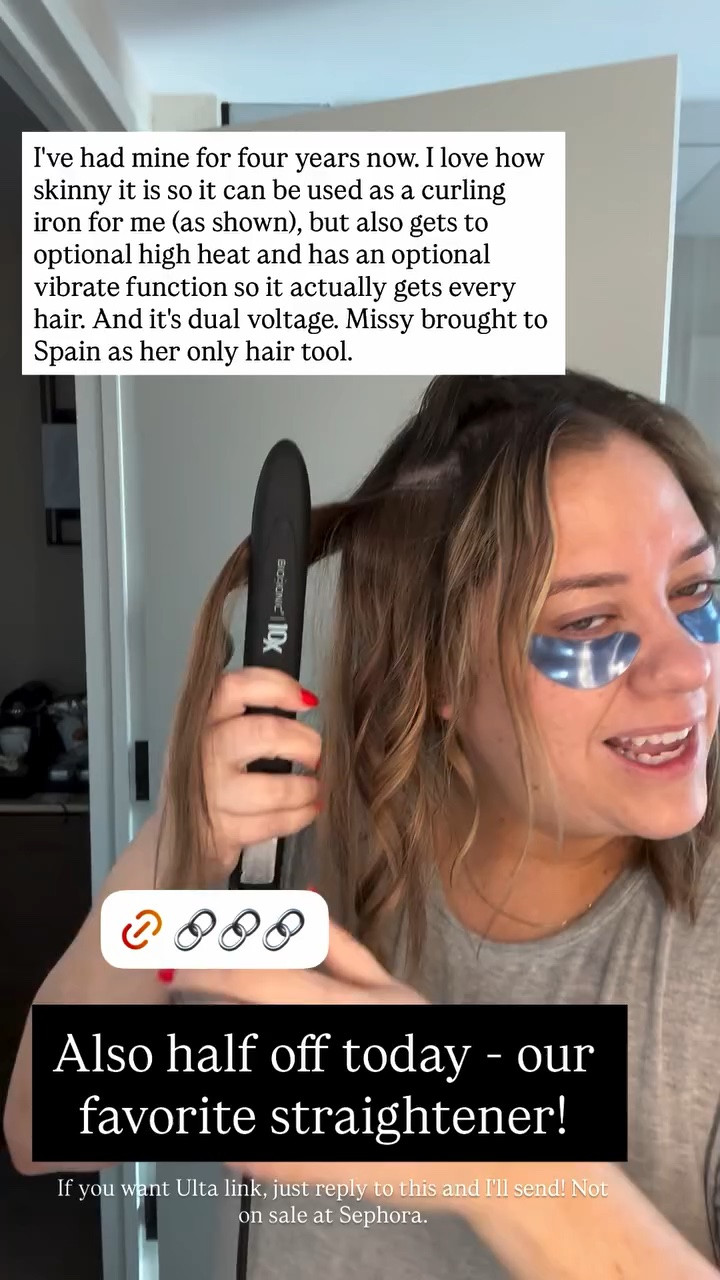 I've had mine for four years now. I love how skinny it is so it can be used as a curling iron for me (as shown), but also gets to optional high heat and has an optional vibrate function so it actually gets every hair. And it's dual voltage. Missy brought to Spain as her only hair tool.  Also half off today - our favorite straightener! 

 If you want Ulta link, just reply to this and I'll send! Not on sale at Sephora.

#LTKBeauty #LTKSaleAlert #LTKgrwm