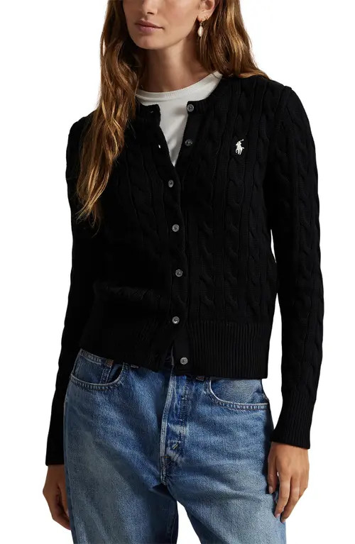 Polo Ralph Lauren Cable Knit Cotton Blend Cardigan in Polo Black at Nordstrom, Size Medium | Nordstrom