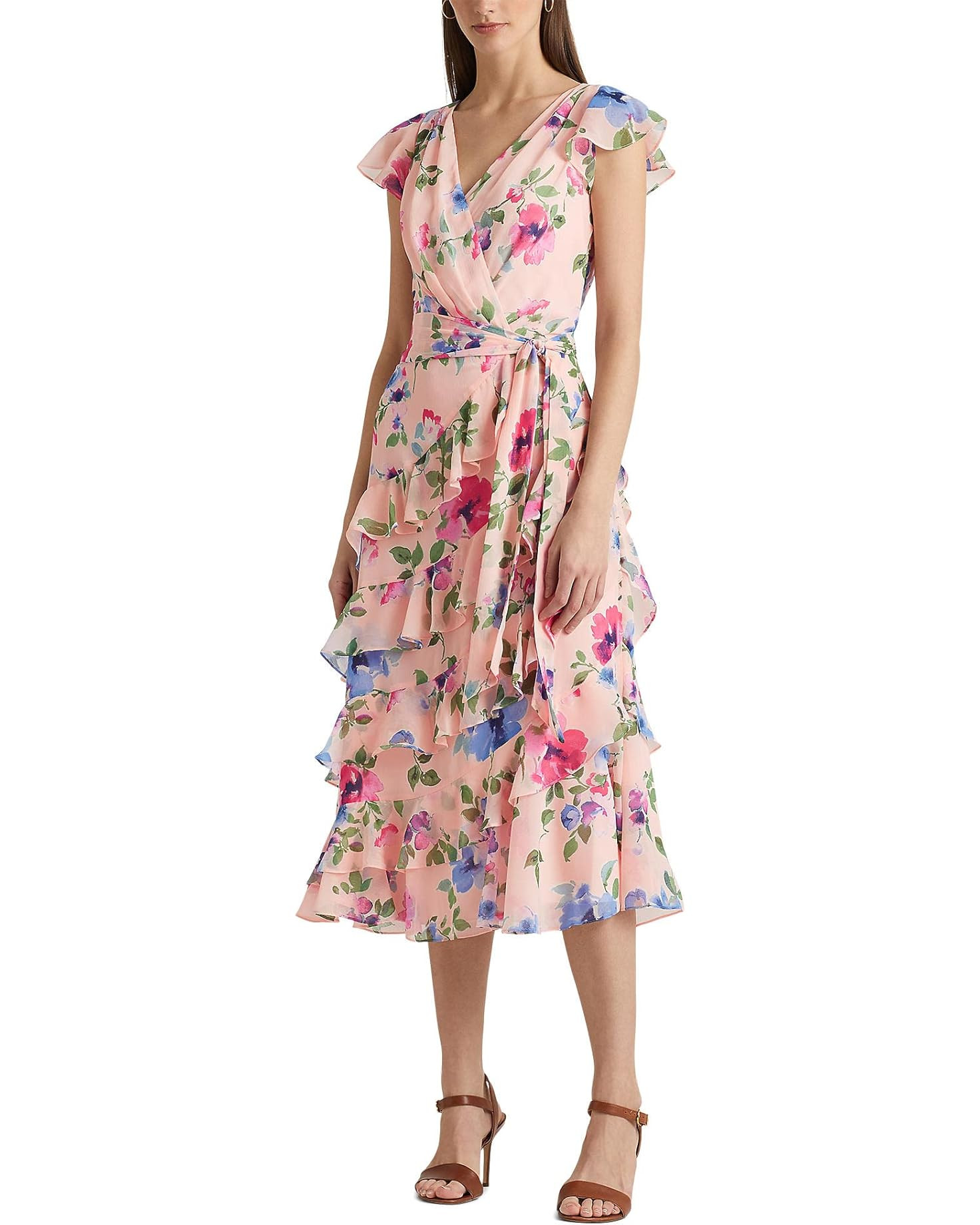 Floral Belted Crinkle Georgette Dress | Zappos