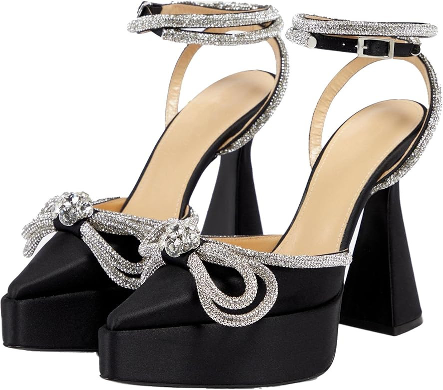 VivaLaver Women Platform Pumps Rhinestone Triple Heart Chunky Heels Crystal Embellished Ankle Str... | Amazon (US)
