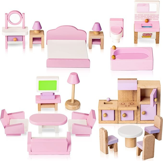 Wooden Dollhouse Furniture Set, 22 Pcs Miniature Dollhouse Accessories Including 5 Room Kits, Lit... | Amazon (US)