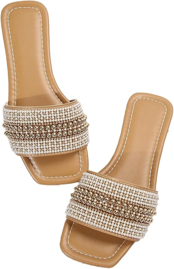 Verdusa Women's Boho Pearls Elegant Slip on Dressy Sandals Beach Vacation Square Open Toe Prom Fl... | Amazon (US)