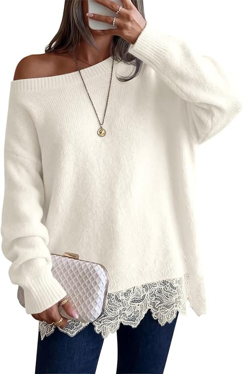 Saodimallsu Womens Lace Patchwork Sweater Long Sleeve Boat Neck Pullovers | Amazon (US)