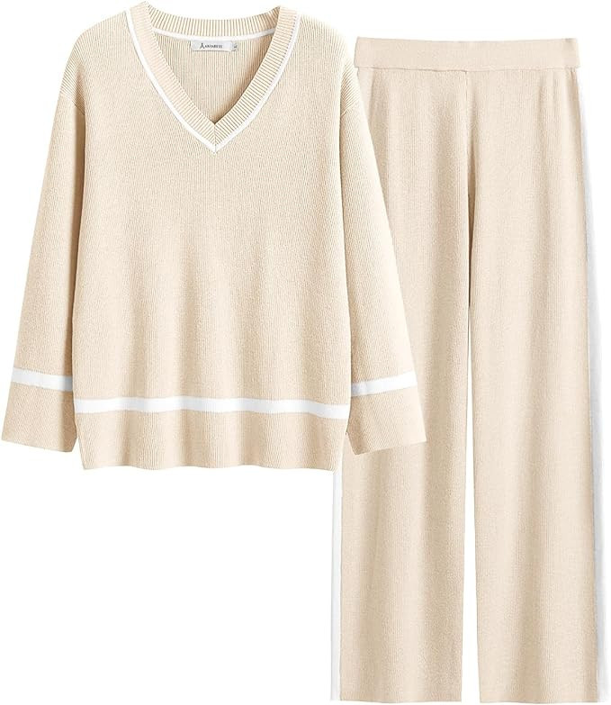 ANRABESS Women's 2 Piece Outfits Long Sleeve V Neck Knit Sweater Top and Wide Leg Pants Lounge Se... | Amazon (US)