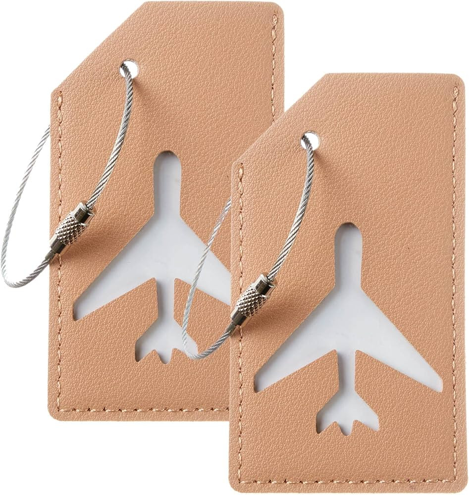 2 Pack Chelmon Vegan Leather Luggage Tags Bag Tag Stainless Steel Loop(Tan) | Amazon (US)