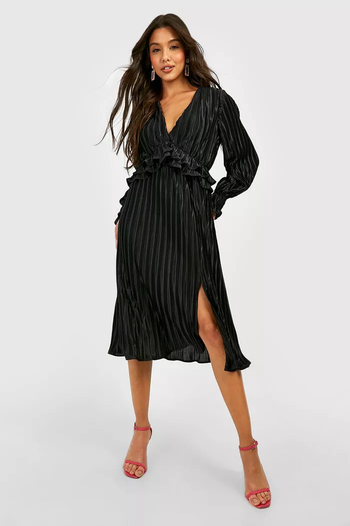 Pleated Plunge Ruffle Detail Midi Dress | boohoo (US & Canada)