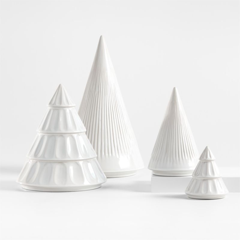 Dover White Ceramic Christmas Tree Figurines, Set of 4 | Crate & Barrel | Crate & Barrel