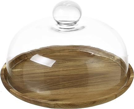 MyGift 8 Inch Clear Glass Dessert Cake Plate & Cheese Cloche Dome with Acacia Wood Serving Tray | Amazon (US)
