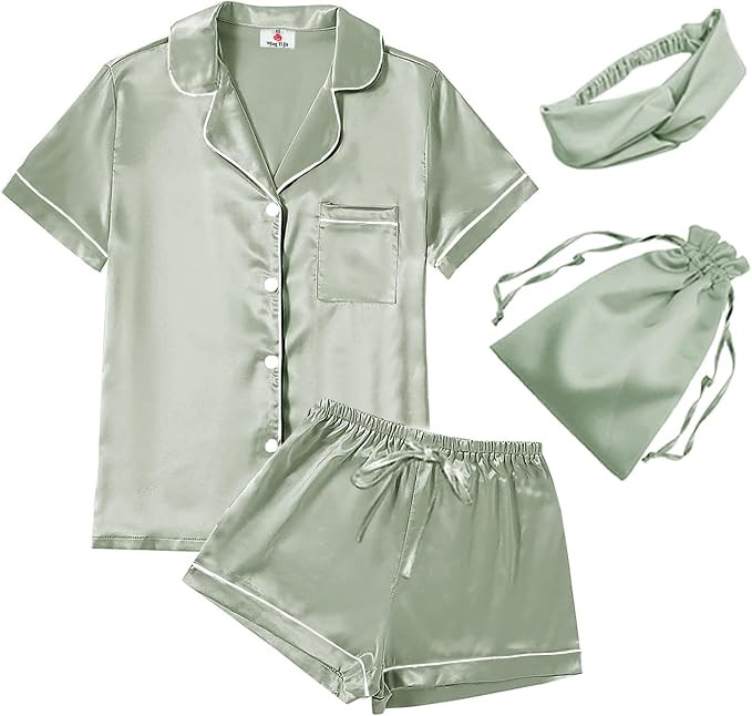 4Pcs Womens Satin Silky Pajama Sets Short Sleeve Shirt XS-4XL Floral Pajamas Set Soft PJ Loungewe... | Amazon (US)