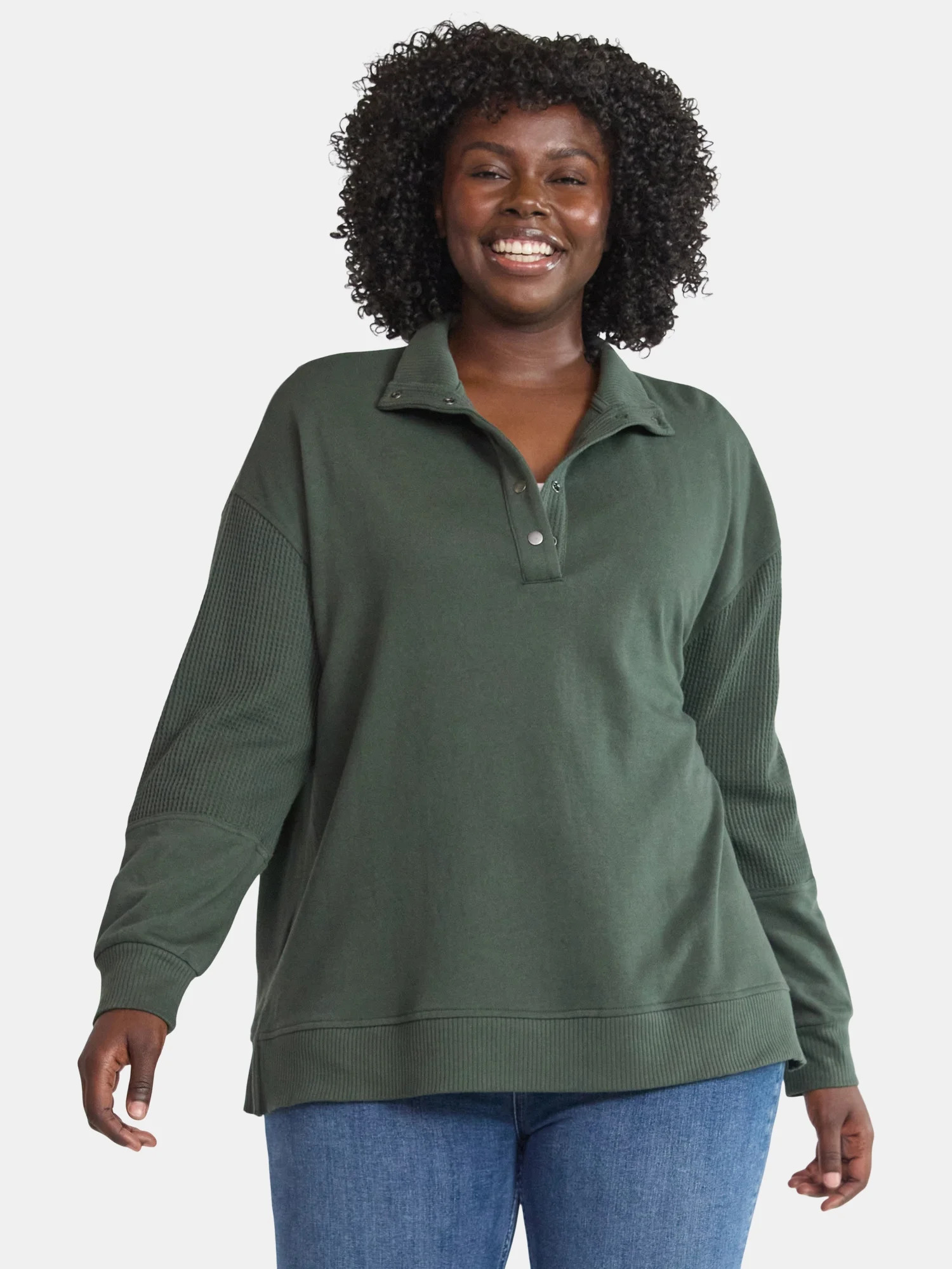 Terra & Sky Women’s Plus Mixed Media Snap Front, Sizes 0X-5X | Walmart (US)