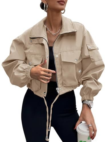 UEAL Womens Cropped Bomber Jacket 2026 Trendy Zip Up Lightweight Utility Anorak Coat With Pockets | Amazon (US)