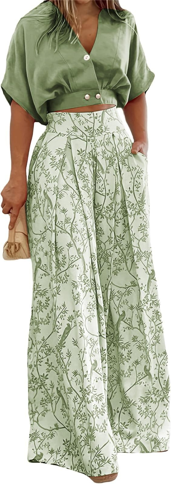 Summer 2 Piece Sets for Women Fashion Casual Short Sleeve V Neck Tops Matching Print Wide Leg Pan... | Amazon (US)