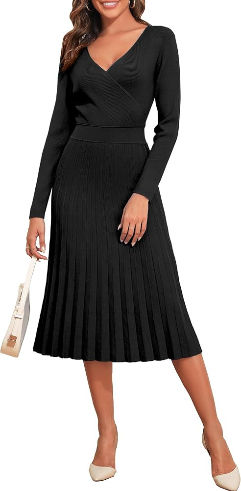 kayamiya Women's V Neck Wrap Sweater Dress Long Sleeve Ribbed Knit Pleated Swing A Line Midi Dres... | Amazon (CA)