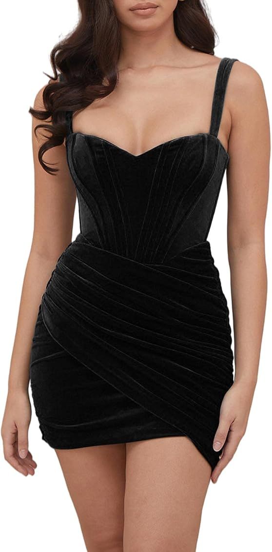 Sexyshine Women's Sexy Sleeveless Backless Strap Bodycon Dress Chic Velvet Ruched Pleated Elegant Mi | Amazon (US)