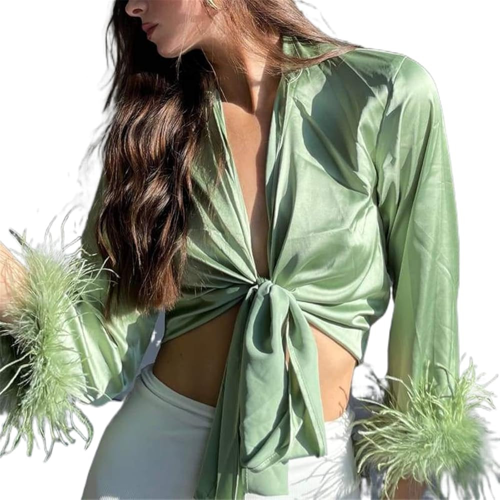 Women Long Sleeve Tie Front Blouse Cardigan Satin V Neck Vintage Feather Sleeve Crop Top Shirt Haraj | Amazon (US)