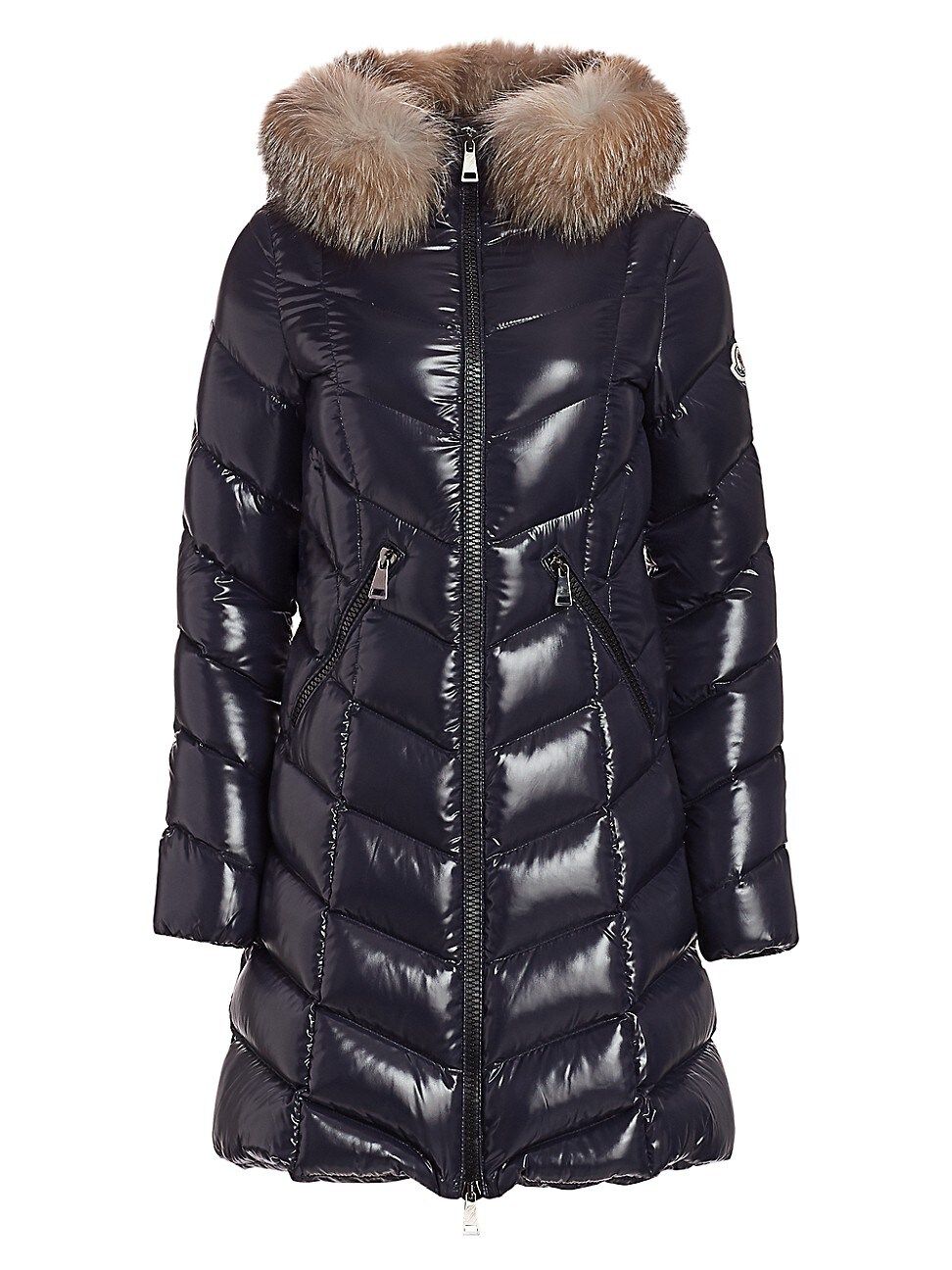 Moncler Women's Fulmarus Fox Fur-Trim Lacquer Puffer Coat - Navy - Size Small | Saks Fifth Avenue