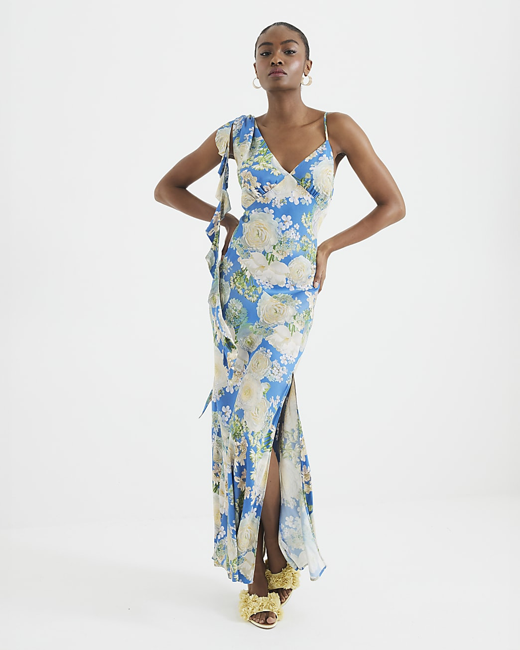 Blue Floral Ruffle Slip Maxi Dress | River Island UK & IE