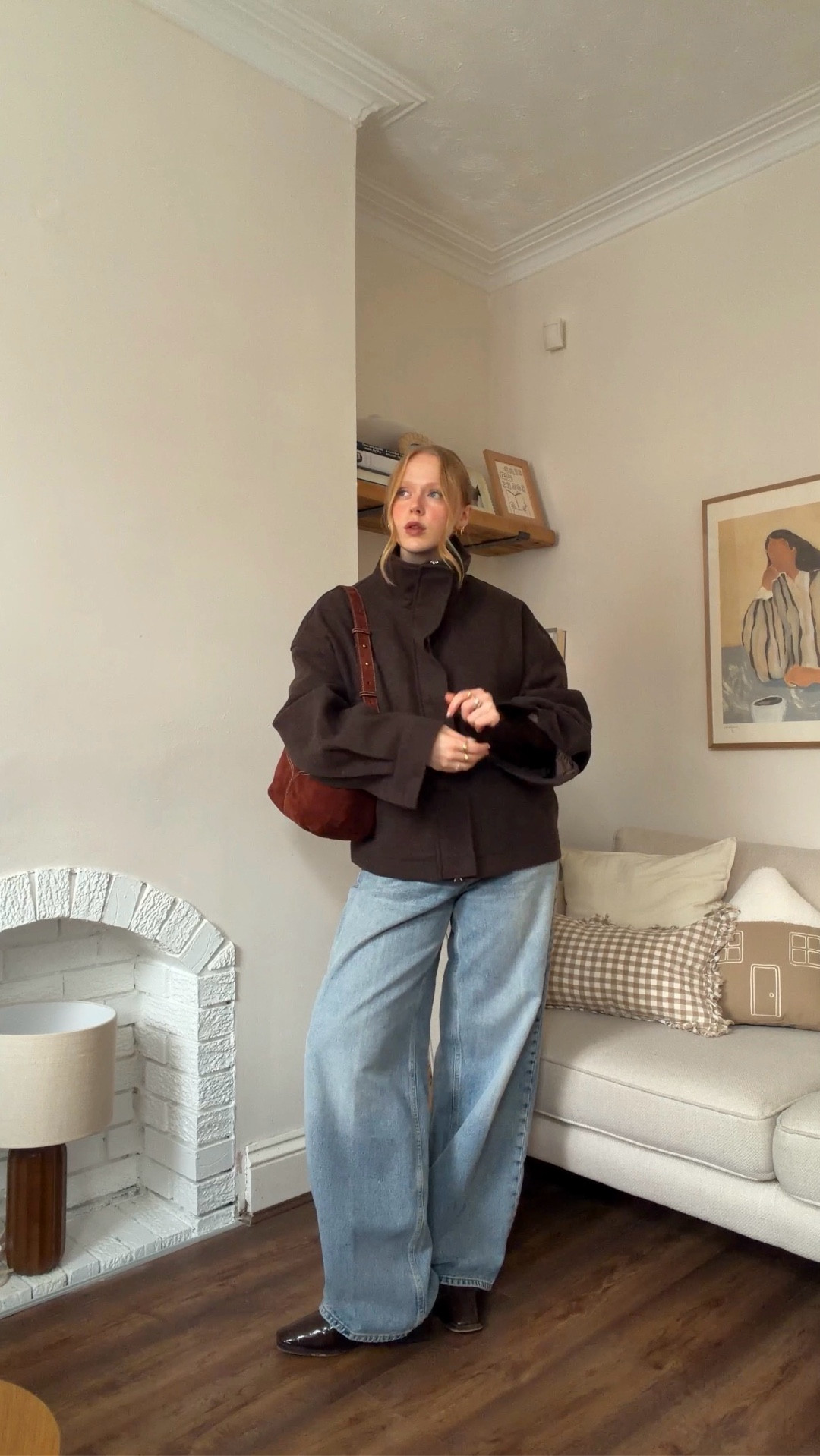 Brown Jacket, High Collar Jacket, Cropped Jacket, Stand Collar Jacket, Wool Jacket, Baggy Jeans, 90s Jeans, Brown Boots, Ankle Boots, Suede Bag, Leather Bag. 

#LTKautumn #LTKwinter #LTKuk