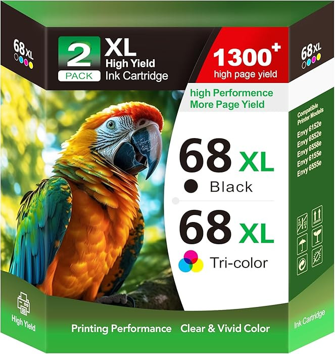 68XL Ink Cartridge 2-Pack, High Yield Black and Color Replacement for 68 Series, Works with Envy ... | Amazon (US)