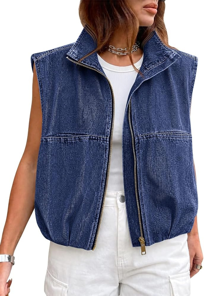 Tankaneo Womens Zip Up Denim Vests Oversized Ruched Hem Jean Tops Summer Trendy Casual Sleeveless... | Amazon (US)
