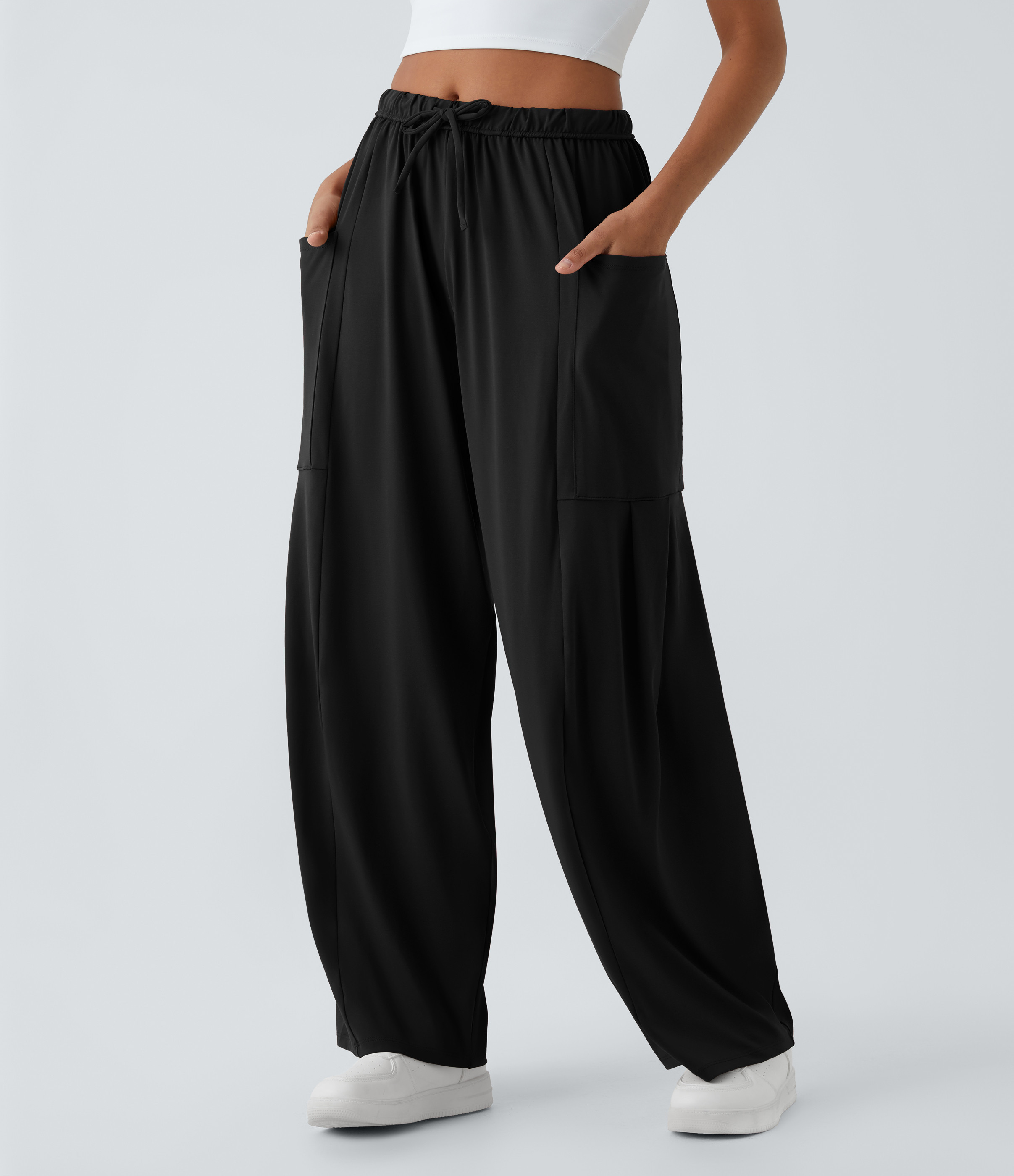 Halara Mid Rise Elastic Waistband Drawstring Pocket Palazzo Flowy Wide Leg Casual Pants  - Black - XS(petite) sweatpants jogger pants | HALARA
