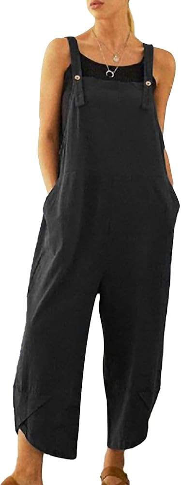 Flygo Women's Casual Cotton Wide Leg Overalls Baggy Rompers Jumpsuit with Pockets | Amazon (US)