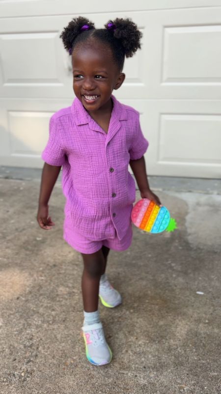 Casual Spring outfit for girls! Purple gauze button up set for toddlers. She’s wearing a 4T. Slip on new balance sneakers  

#LTKfamily #LTKkids #LTKunder50
