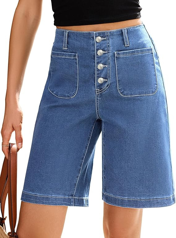 Vetinee Bermuda Shorts for Women High Waisted Button Fly Patch Pocket Long Stretch Denim Shorts R... | Amazon (US)