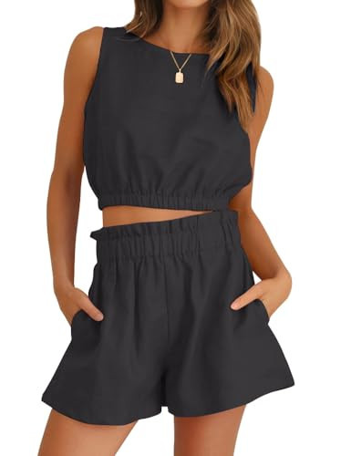 FANCYINN Women Summer 2 Piece Short Sets Sleeveless Round Neck Crop Top Tank Elastic Waistband Casual Shorts Outfits With Pocket Black S | Amazon (US)
