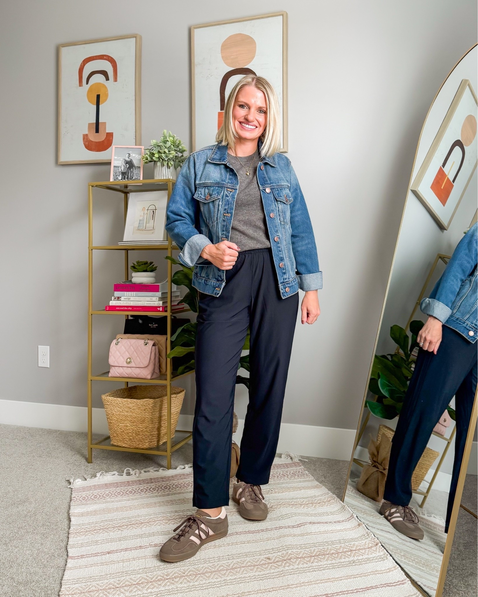 Casual everyday outfit with athletic pants! (Pants are black, not navy. The lighting here makes them look navy) 
Jacket- xs
Top- medium 
Pants- xs/27”

#LTKPetite #LTKOver40 #LTKSeasonal