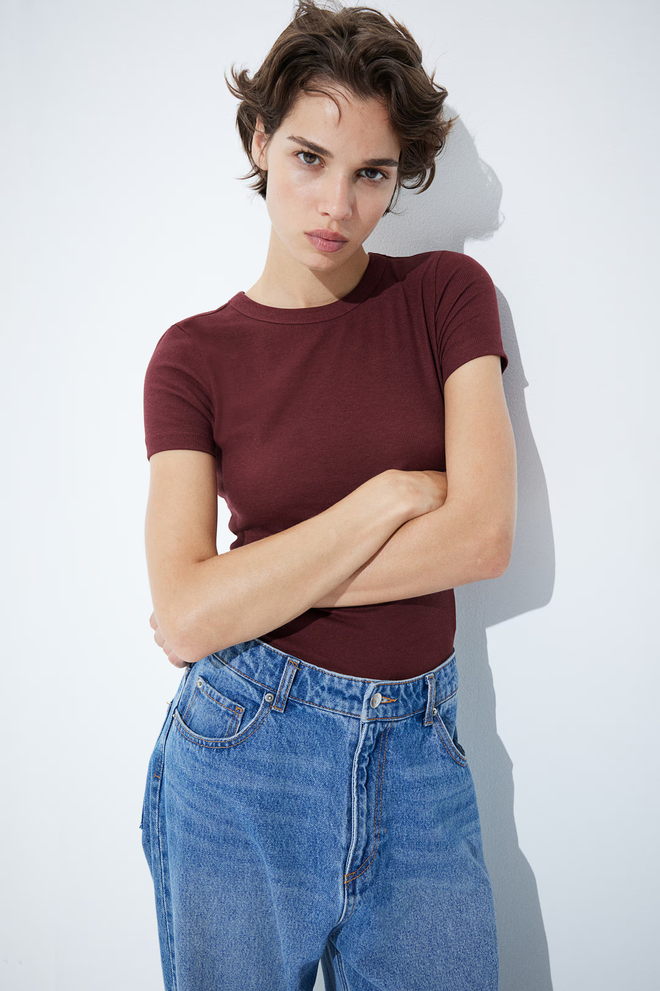 Ribbed modal-blend T-shirt - Burgundy - Ladies | H&M GB | H&M (UK, MY, IN, SG, PH, TW, HK)