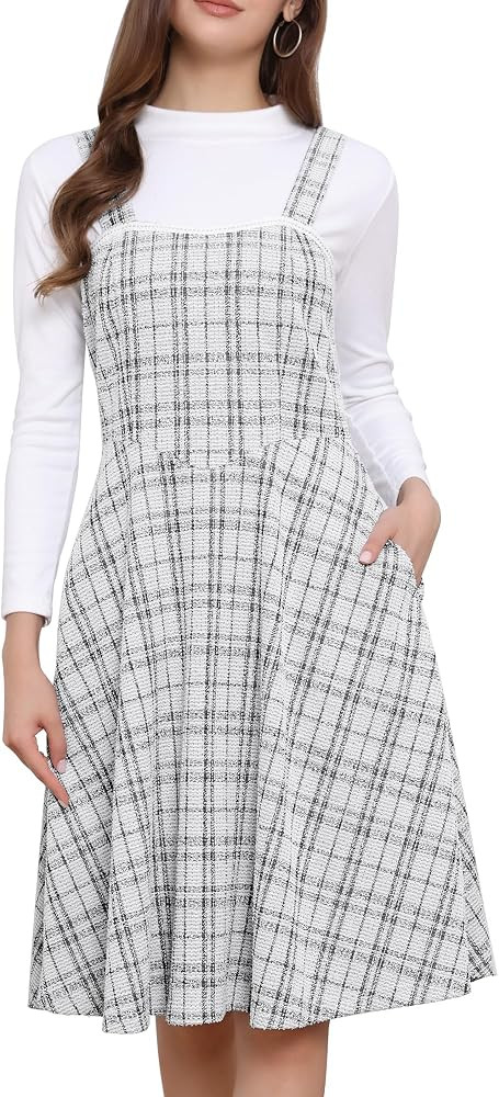 Square Neck, Sleeveless, A-Line, Vintage Plaid Pinafore, Side Pockets, Midi Length, Invisible Sid... | Amazon (US)