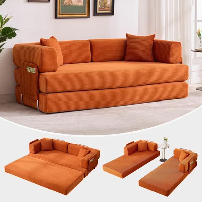78.8" 5-in-1 Convertible Sofa Bed - Folding Modular Corduroy Futon Couch with 2 Pillows No Assembly for Living Room Bedroom - Orange | Target