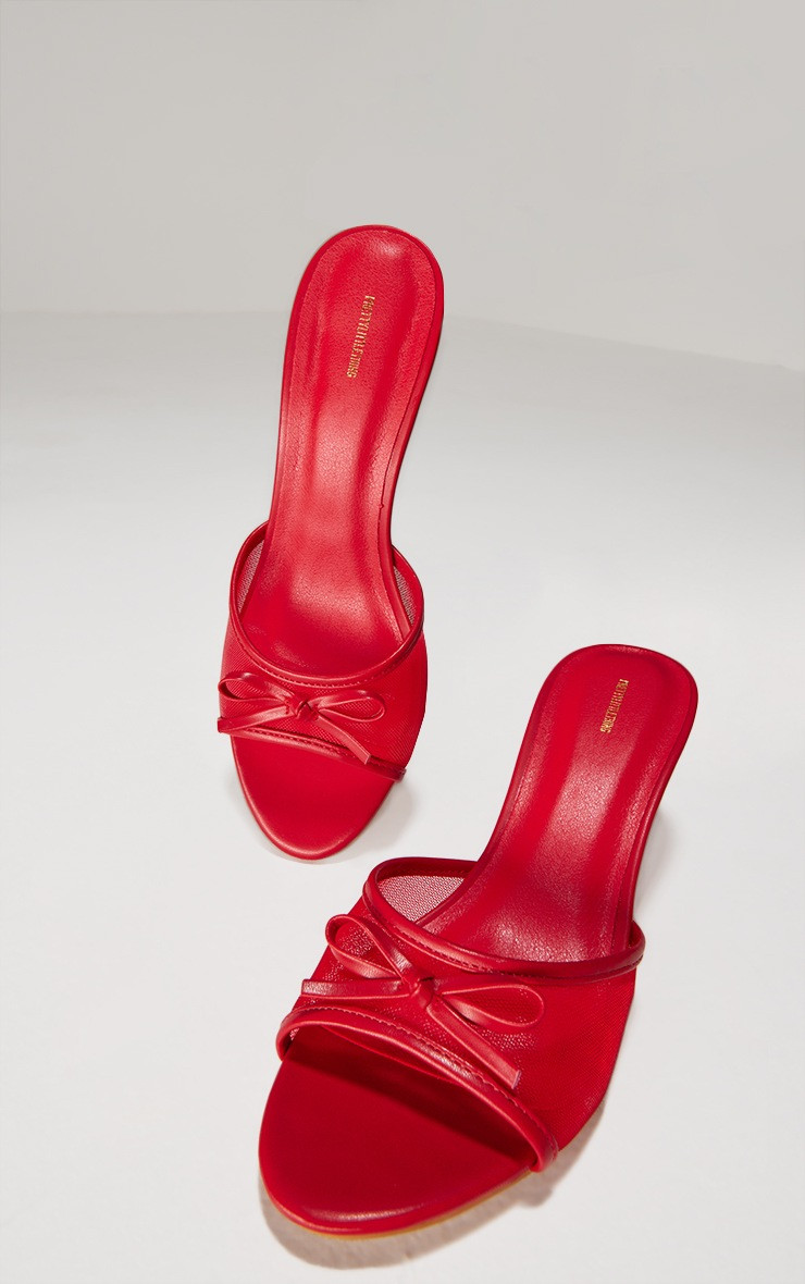Red Mesh Round Toe Bow Strap Mid Heeled Mules | PrettyLittleThing UK