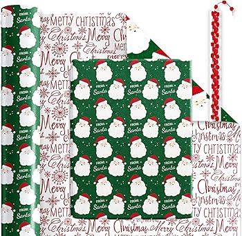 LaRibbons Reversible Christmas Wrapping Paper Jumbo Roll with Red Wired Pom Pom, Classic Santa, M... | Amazon (US)