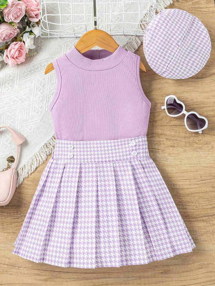 SHEIN Young Girl Solid Color Tank Top & Houndstooth Pleated Skirt 2pcs/Set | SHEIN