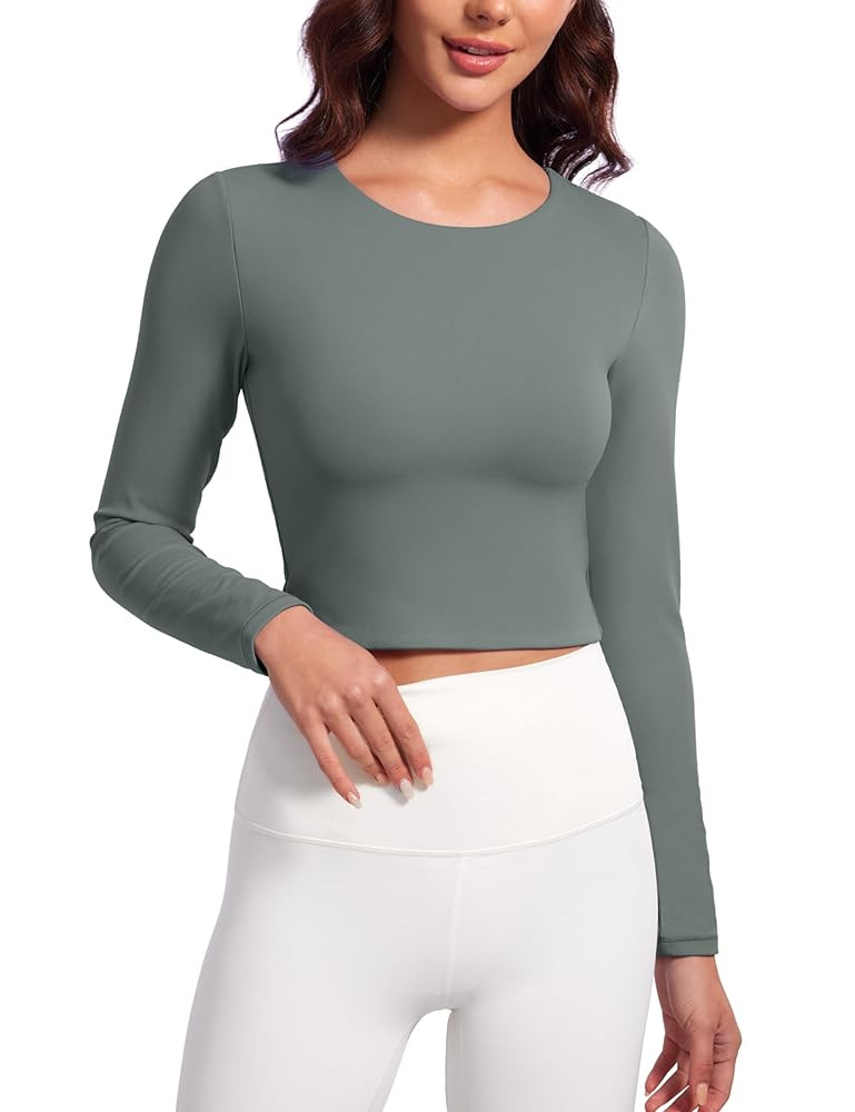 CRZ YOGA Butterluxe Double Lined Long Sleeve Workout Tops for Women Crew Neck Fitted Crop Tshirts... | Amazon (US)