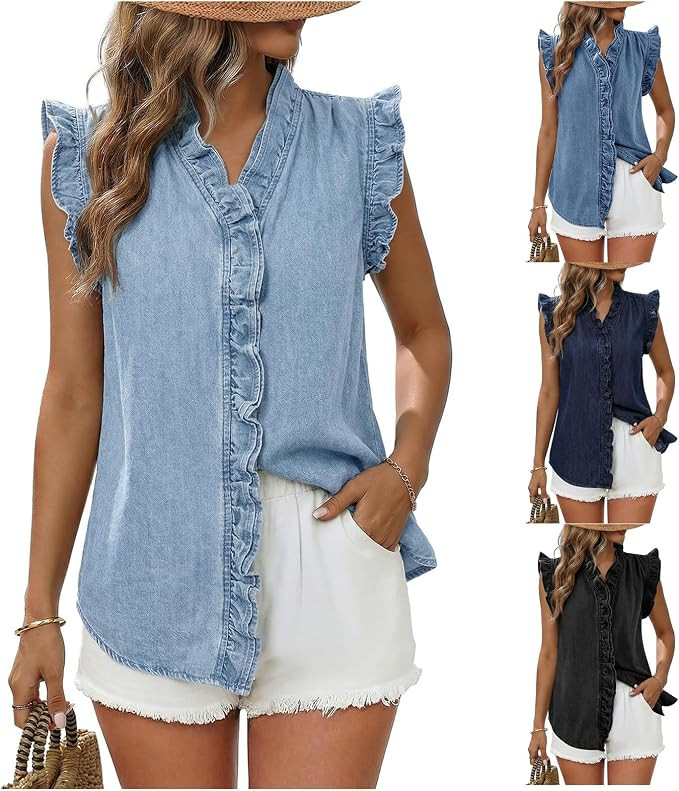 Denim Vest Top for Women Casual Summer Ruffle Sleeveless Denim Shirt Peplum V Neck Button Down Je... | Amazon (US)