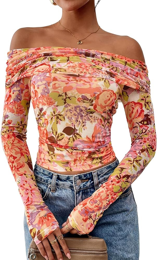 PRETTYGARDEN Women's Fall Tops 2025 Off The Shoulder Long Sleeve Fitted Y2k Shirts Floral Ruched ... | Amazon (US)