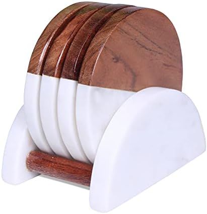 Marble and Wood Coaster Set with Holder- Round Set of 4- Half Wood & Half Marble Coasters for Drinks | Amazon (US)