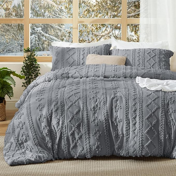 Bedsure Tufted Boho Comforter Set Queen Size - Grey Boho Bed Set, GentleSoft™ 3 Pieces Farmhous... | Amazon (US)