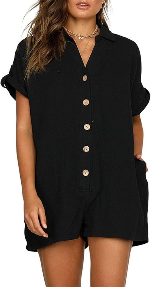 Fixmatti Women Summer Casual Linen Outfits Button Down Shorts Rompers Jumpsuits | Amazon (US)