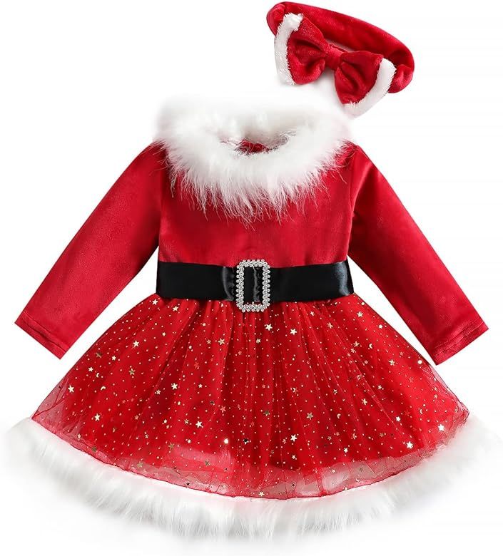 Toddler Baby Girl Christmas Dress Santa Claus Red Princess Tulle Dress with Headband Outfits | Amazon (US)