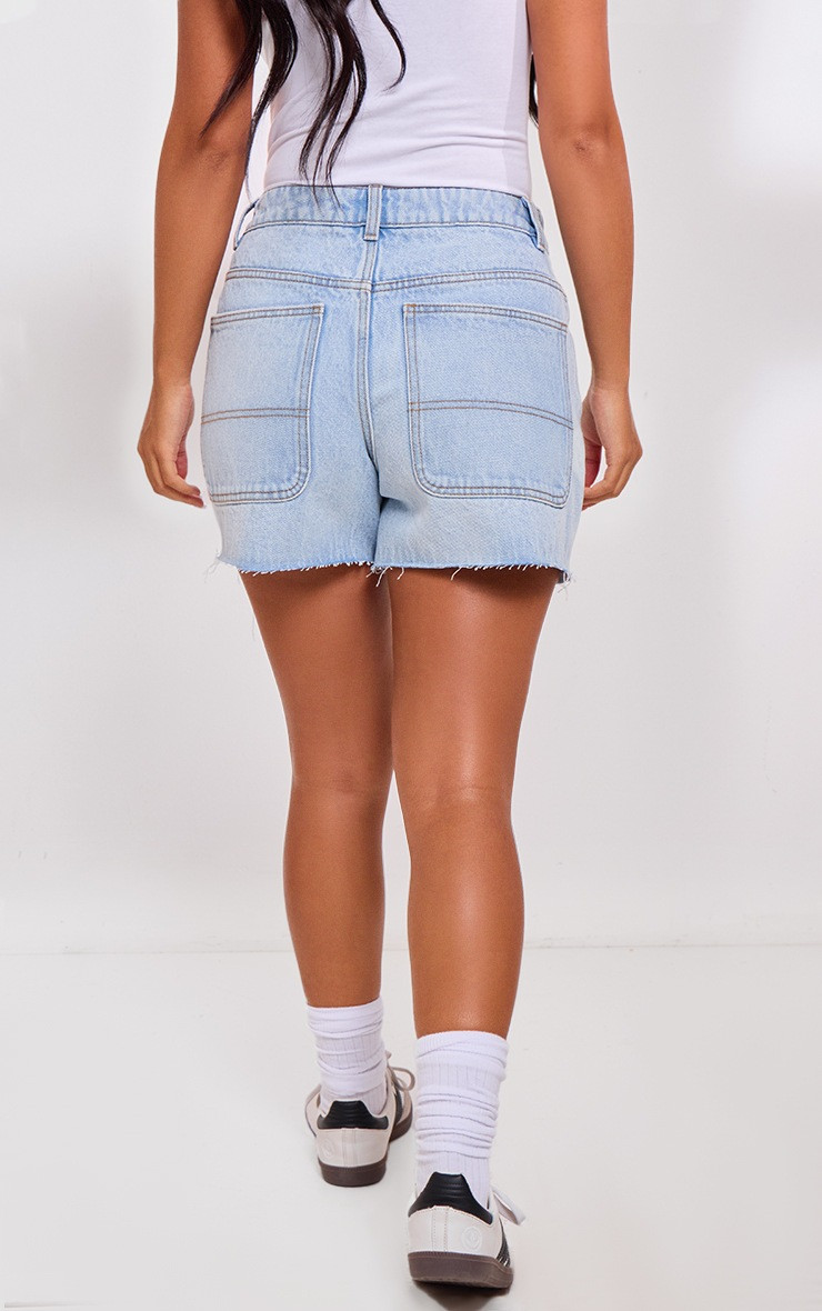 PRETTYLITTLETHING Petite Light Blue Raw Hem Boyfriend Denim Shorts | PrettyLittleThing UK