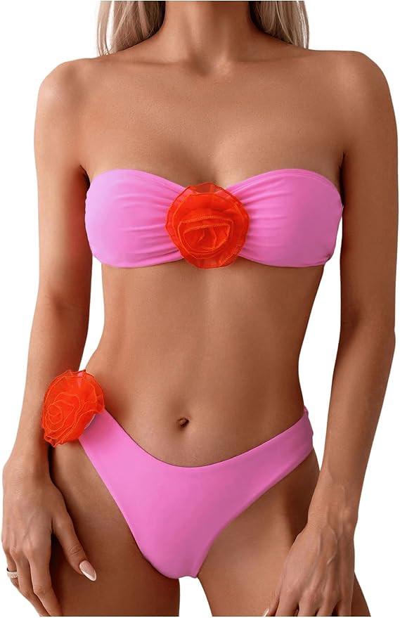 GORGLITTER Women's 2 Piece Strapless Swimsuit 3D Floral Bikini Top and High Cut Thong Bathing Sui... | Amazon (US)